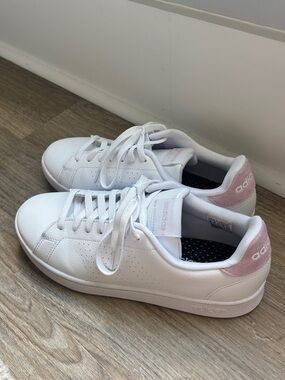 adidas White Leather Sneakers with Light Pink Logo Accents